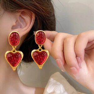 NEW Valentina Retro 90's Red and Gold Heart Drop Statement Earrings